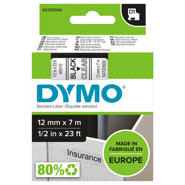 Dymo LabelManager D1 Polyester Labeltape 12mm Transparant/Zwart