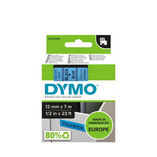 Dymo LabelManager D1 Polyester Labeltape 12mm Blauw met Zwarte Opdruk