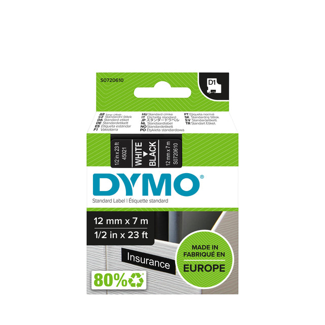 Dymo LabelManager D1 polyester labeltape 12mm zwart op wit