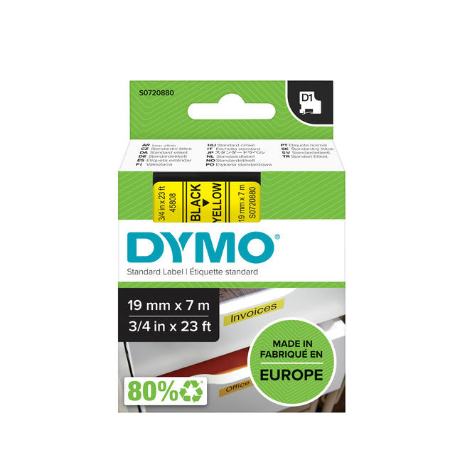 Labeltape Dymo LabelManager D1 Polyester 19mm Geel met Zwarte Tekst