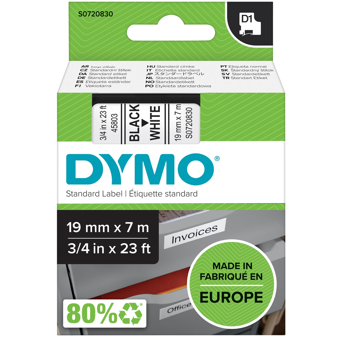 Dymo LabelManager D1 Polyester Labeltape 19mm Wit/Zwart
