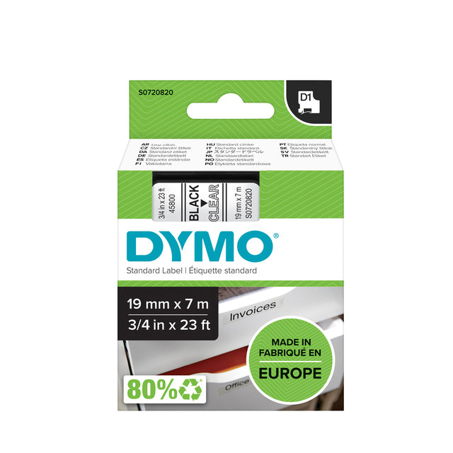 Dymo LabelManager D1 Polyester Labeltape 19mm Transparant/Zwart