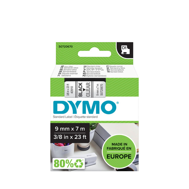 Labeltape Dymo D1 Polyester 9mm Transparant Zwart