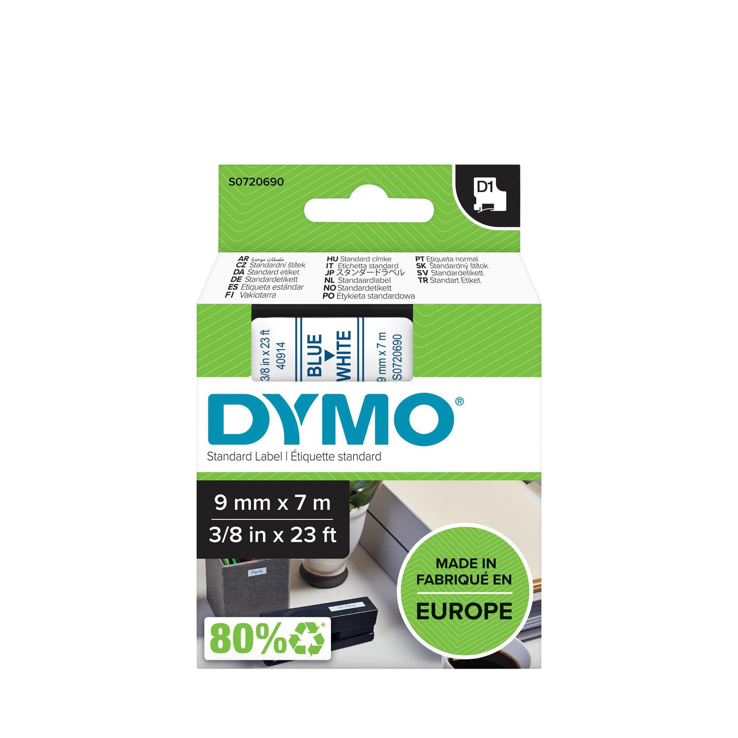 Labeltape Dymo LabelManager D1 polyester 9mm wit met blauwe opdruk