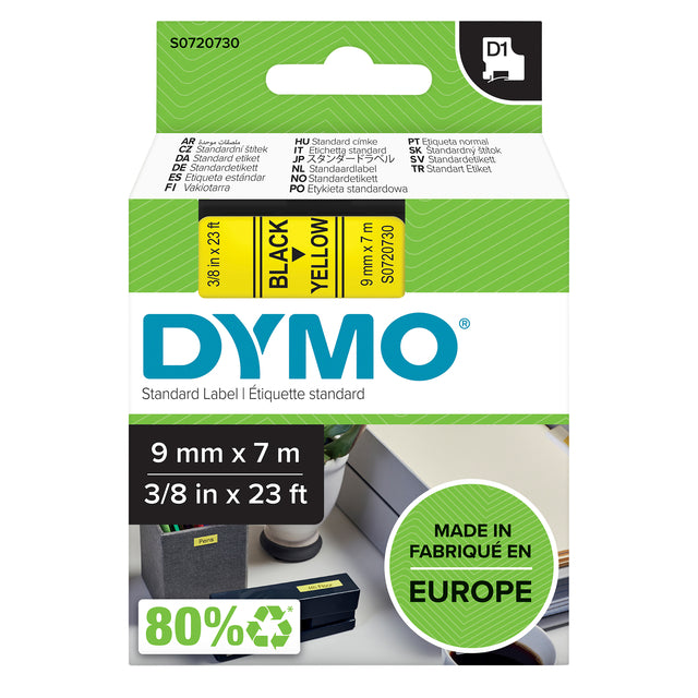 Dymo LabelManager D1 polyester labeltape 9mm geel met zwarte tekst