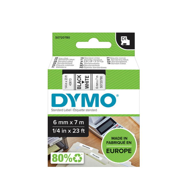 Dymo LabelManager D1 Polyester Labeltape 6mm Wit/Zwart