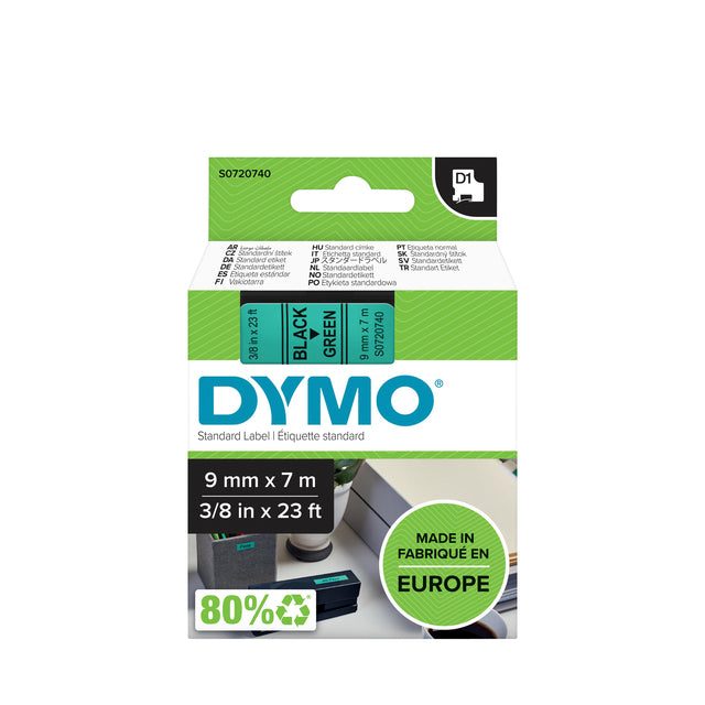 Dymo LabelManager D1 Polyester Labeltape 9mm Groen met Zwarte Opdruk