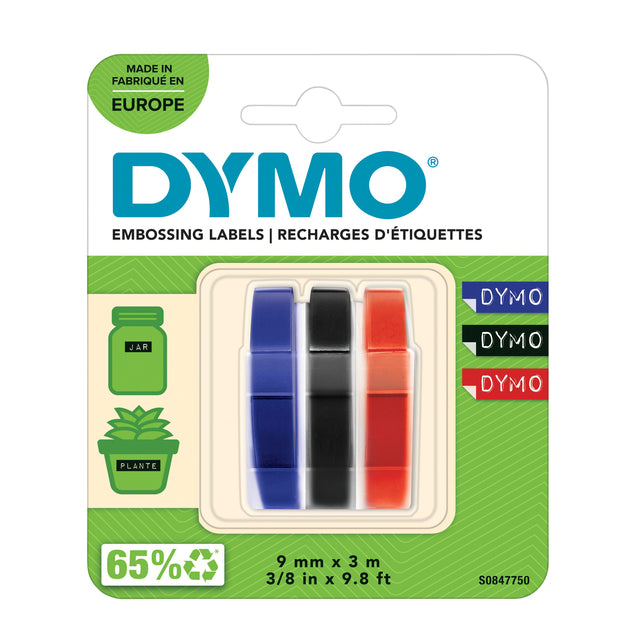 Relieftape Dymo embossing vinyl 9mm, 3 stuks