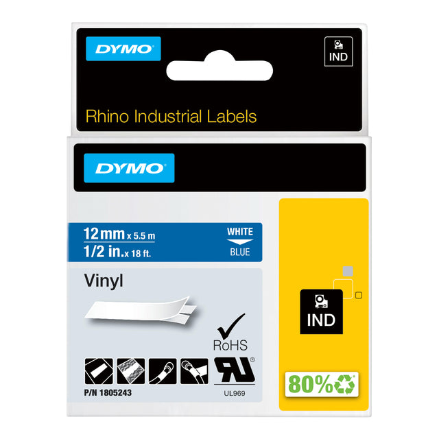 Dymo Rhino Vinyl Labeltape 12mmx5,5m Blauw/Wit