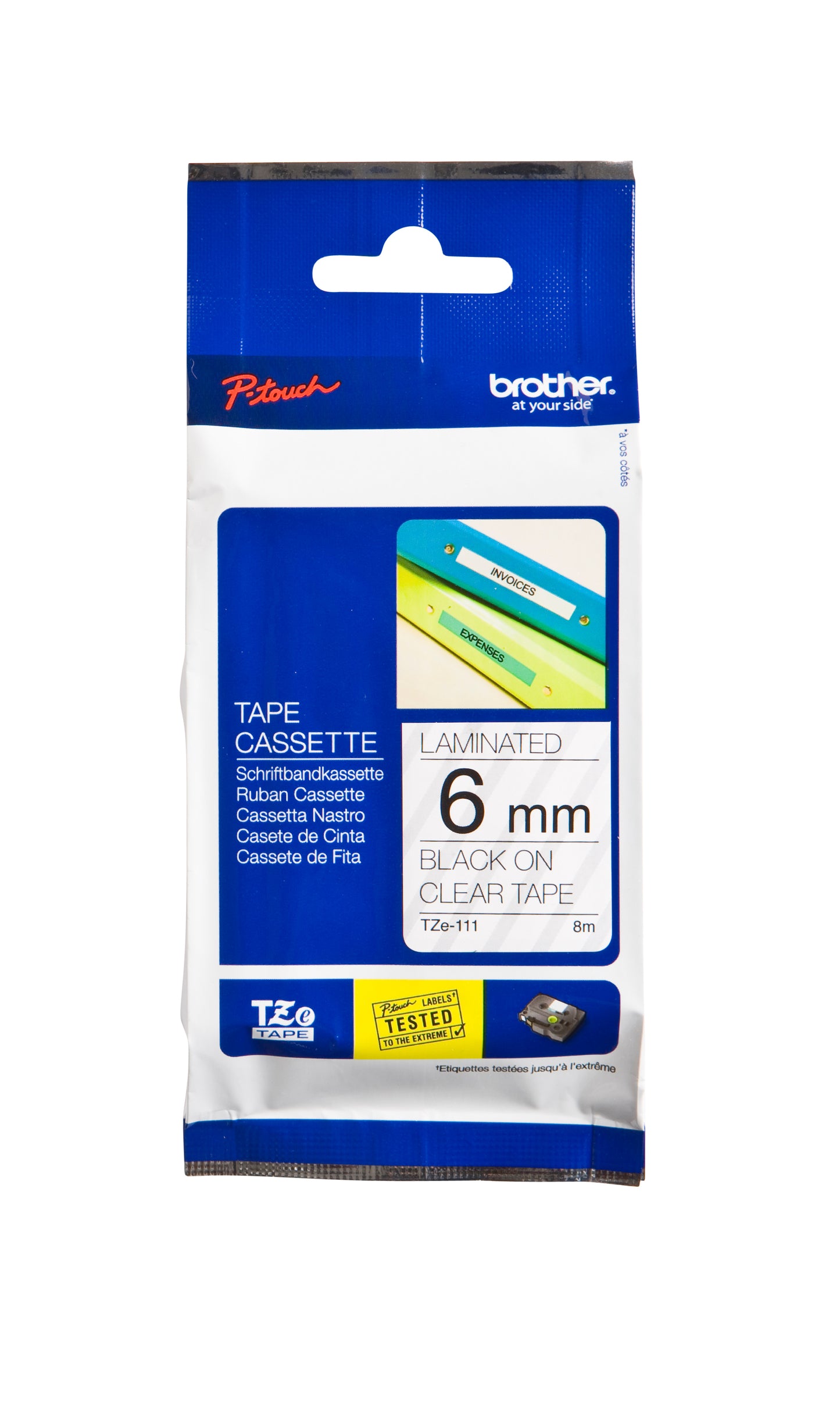 Brother TZE-111 Gelamineerde Labeltape 6mmx8m Zwart op Transparant