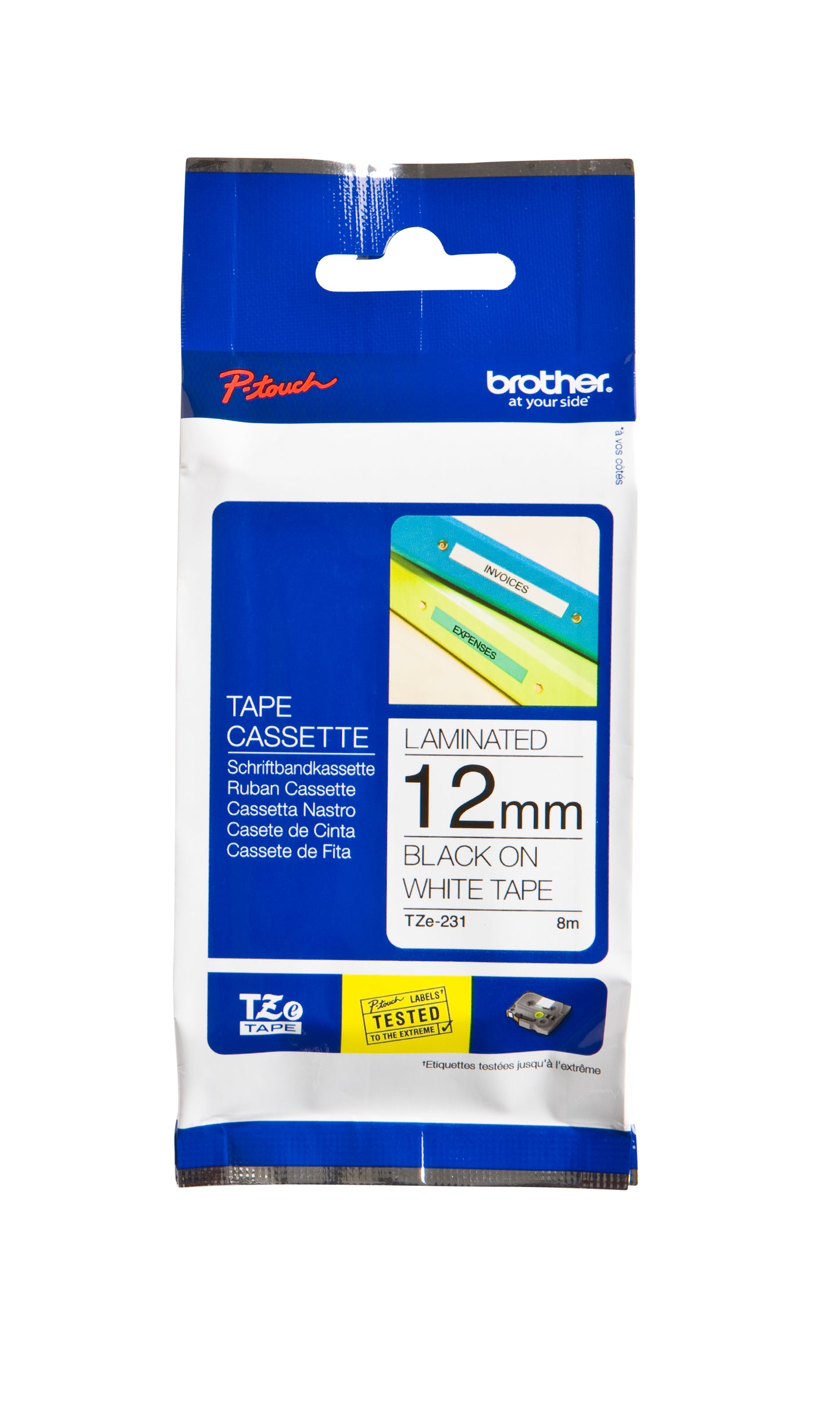 Brother TZE-231 Gelamineerde Labeltape 12mmx8m Wit op Zwart