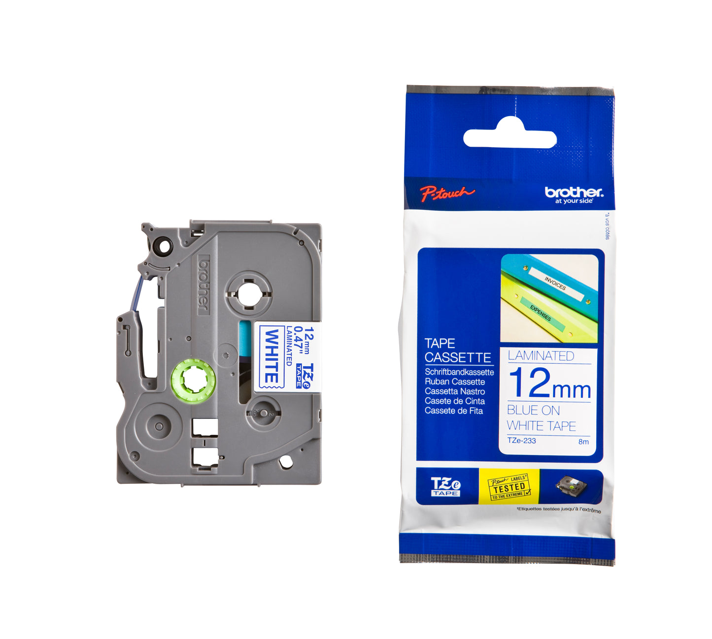 Brother TZE-233 gelamineerde labeltape 12mm wit met blauw - 3