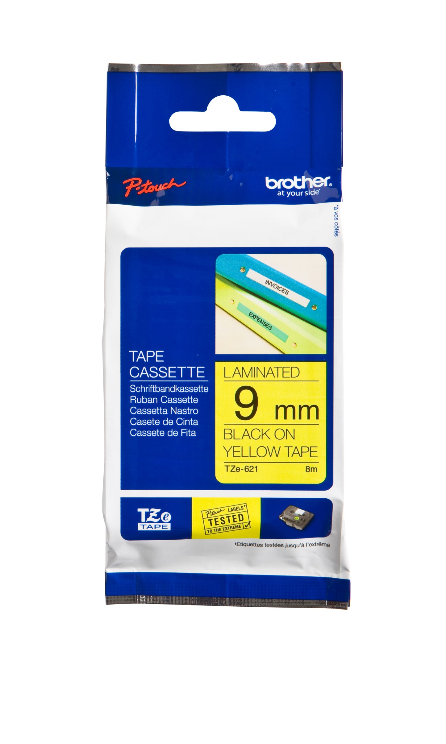 Brother TZE-621 Labeltape 9mm x 8m, Geel/Zwart