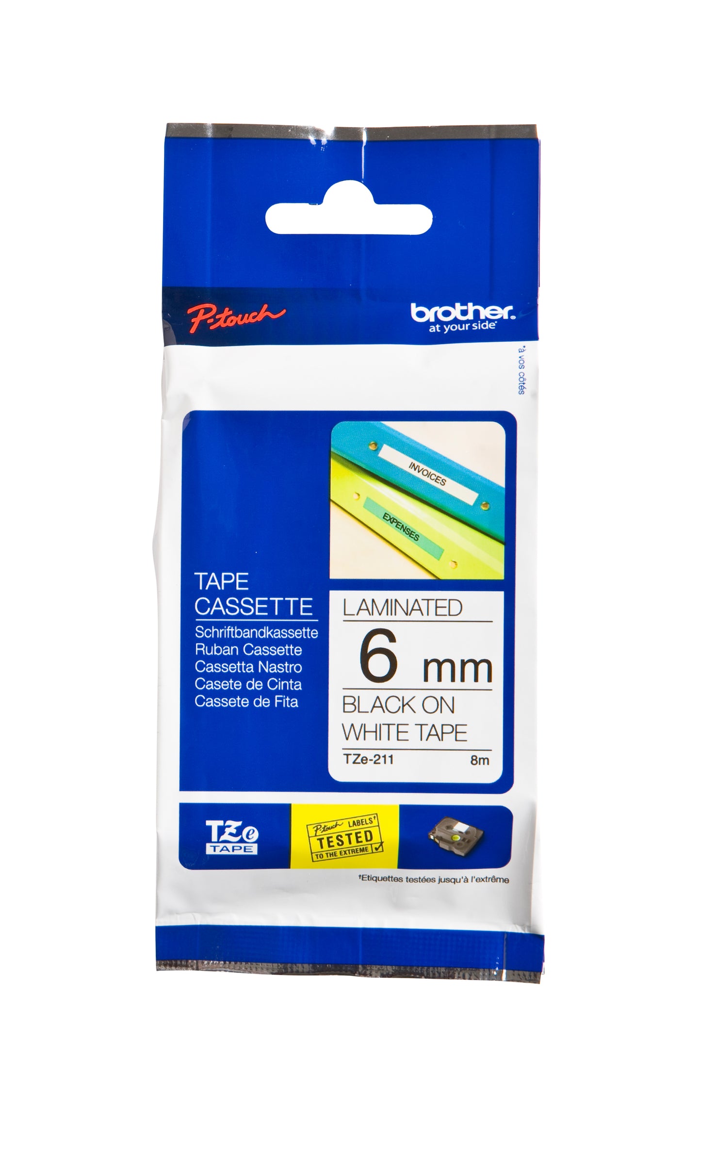 Brother TZE-211 Gelamineerde Labeltape 6mm Wit/Zwart