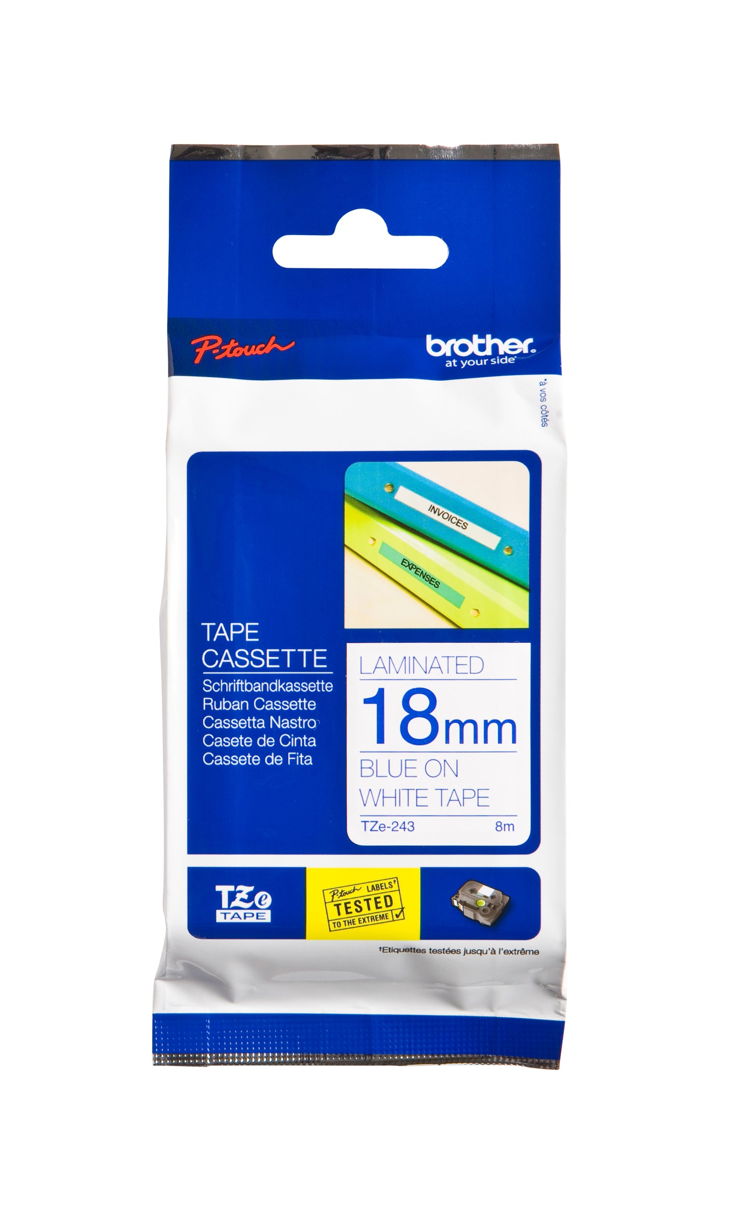 Brother TZE-243 Gelamineerde Labeltape 18mmx8m Wit op Blauw