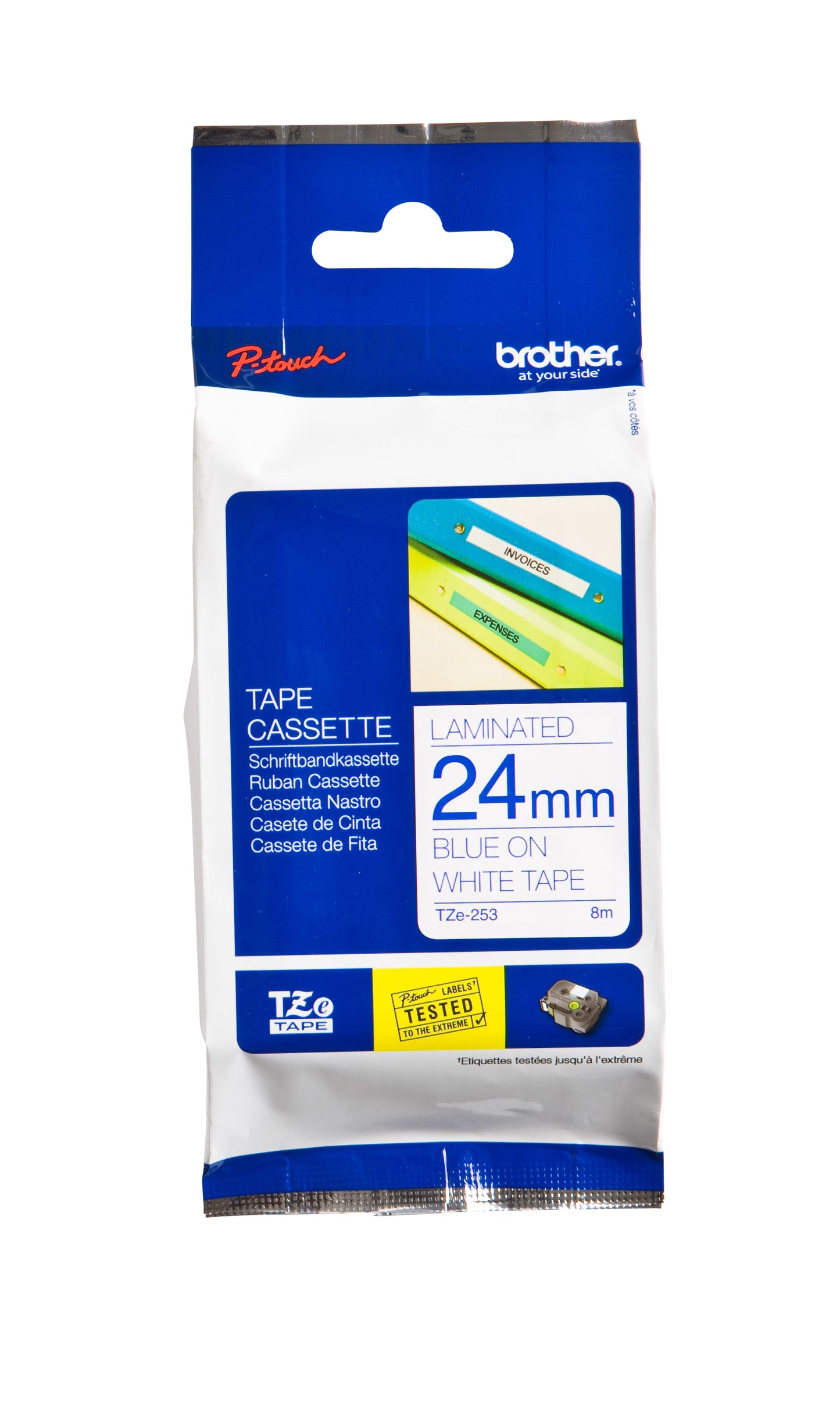 Brother TZE-253 Labeltape 24mm Wit/Blauw, 8m