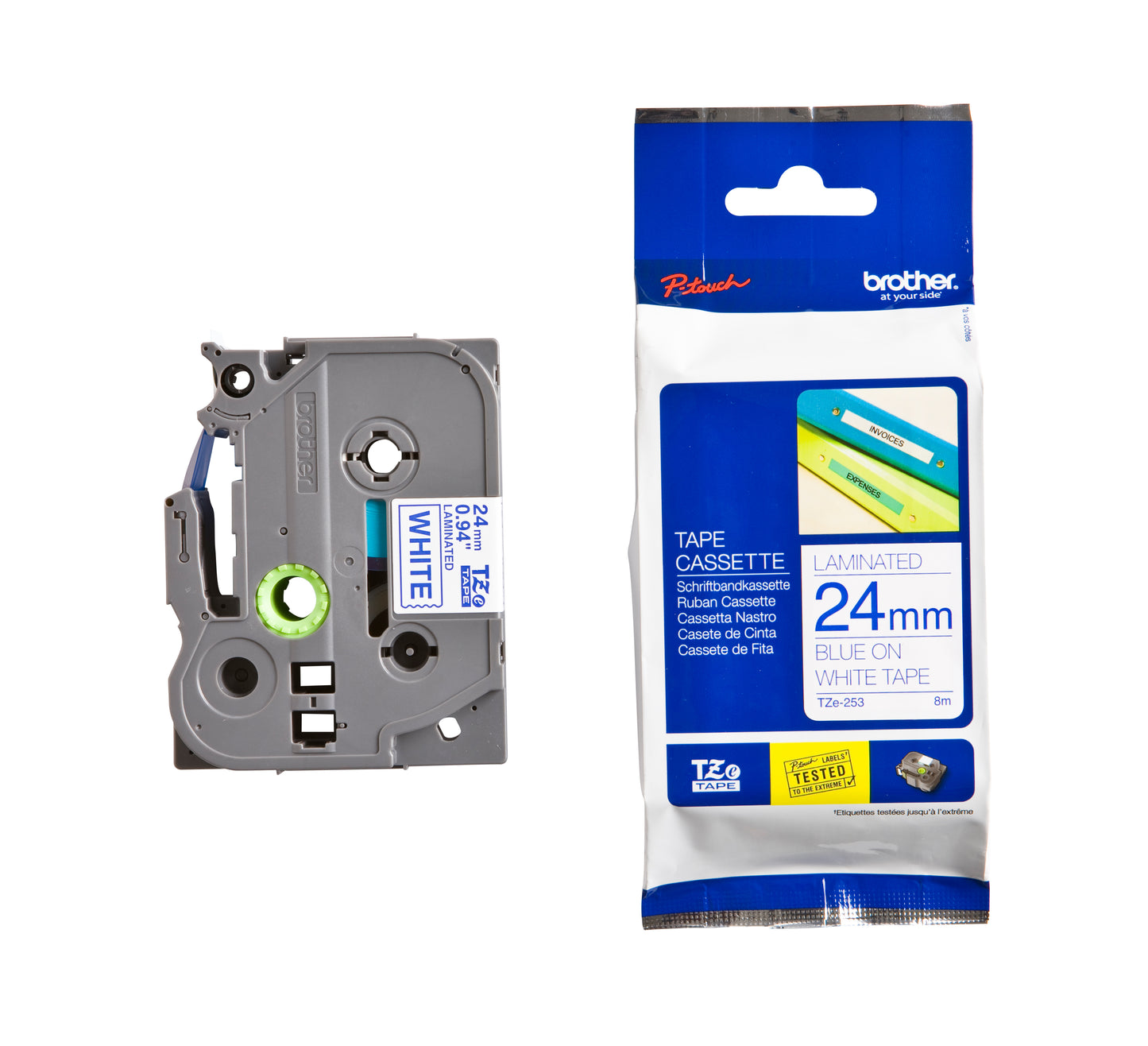 Brother TZE-253 Labeltape 24mm Wit/Blauw, 8m - 3
