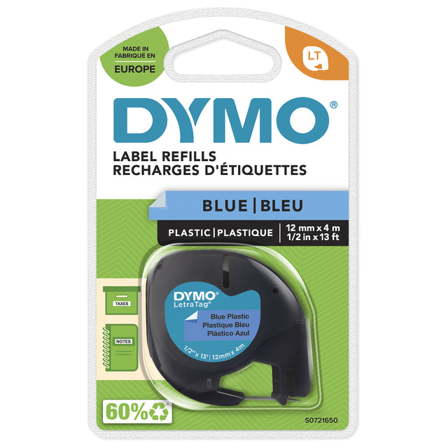 Dymo LetraTag plastic 12mm blauw labeltape met zwarte opdruk