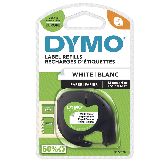 Dymo LetraTag Papier Labeltape 12mm Wit met Zwarte Opdruk