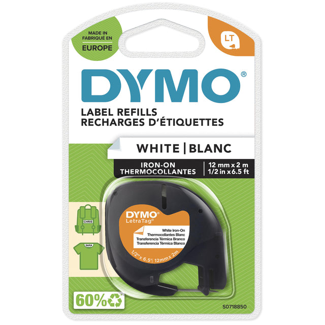 Dymo LetraTag strijkbaar labeltape 12mm wit met zwarte opdruk
