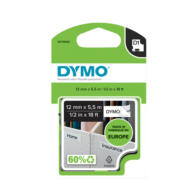 Dymo LabelManager D1 Polyester Tape 12mm, Wit/Zwart
