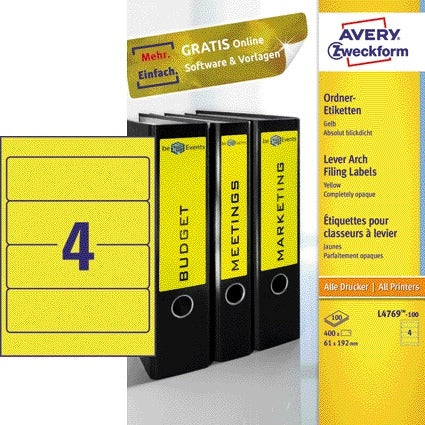 Avery Zelfklevend ordnerrugetiket 61x192mm geel