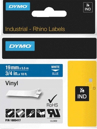 Dymo Rhino Vinyl Labeltape 19mmx5,5m Blauw/Wit
