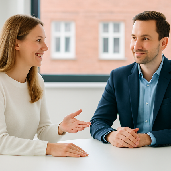 Two professionals talk at a white office table. The woman gestures while speaking to a man in a navy blazer, with a brick building visible through the window behind them.