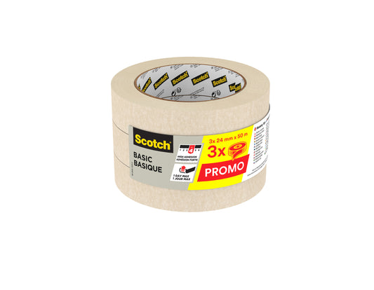 Afplaktape Scotch Basic 24 mm x 50 m, 3 rollen