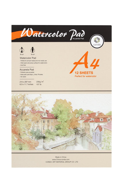 Aquarelblok Conda A4, 12 vellen, 230 g/m², geschikt voor aquarelverf