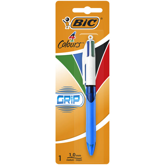 BIC 4-Kleuren Grip Balpen M, Blauw, Soft Rubber Grip