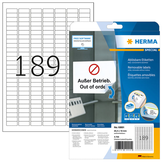 Herma 10001 Verwijderbaar A4 Etiket 25.4x10mm 25 vellen
