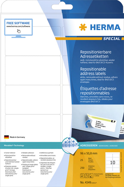 Herma 4349 Verwijderbare A4 Labels 96x50.8mm, Wit, 25 Vel - 3