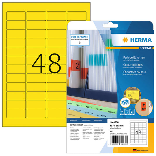 Herma Geel Gekleurde Verwijderbare Etiketten 45.7x21.2mm, 20 Vel