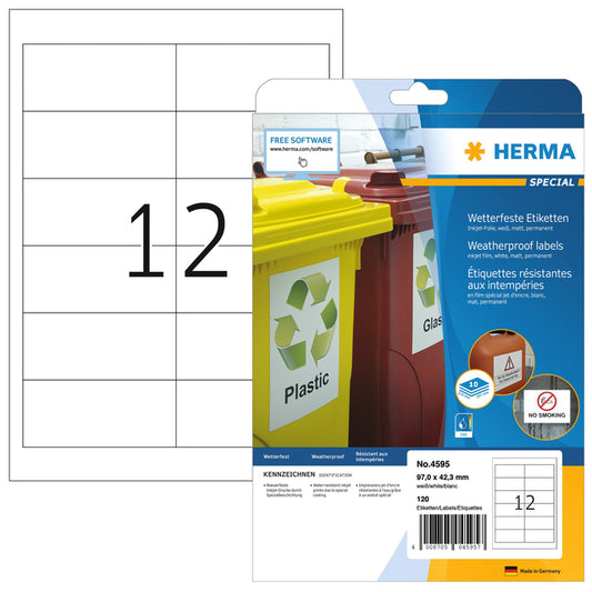 Herma 4595 Waterbestendige Inkjet Folie-etiketten 97x42.3mm, 10 vellen