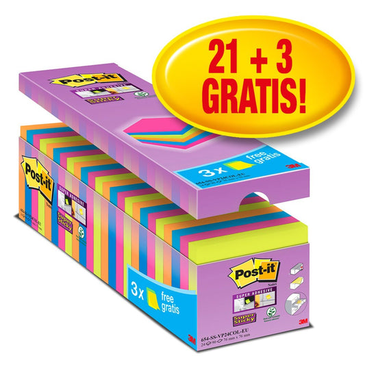 Memoblok Post-it 654 Super Sticky 76x76mm Assortiment