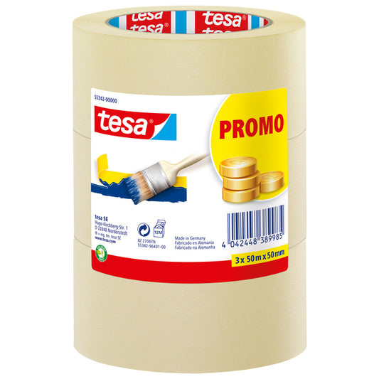 Tesa Economy Afplaktape 50mmx50m Geel, 3 Rollen