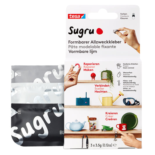 Kneedbare siliconen lijm Sugru tesa 3-pack in zwart, wit en grijs