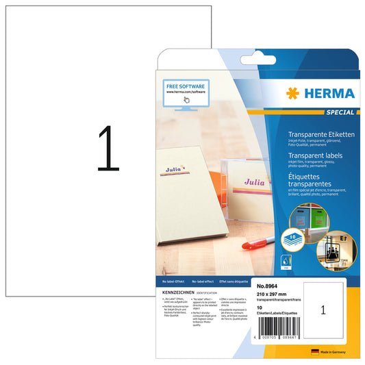 HERMA Transparante Inkjet Etiket A4 210x297mm 10 Stuks
