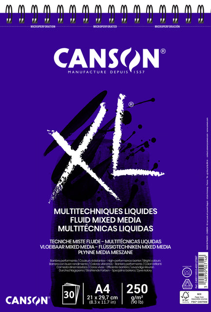Canson XL Fluid Mixed Media Tekenblok A4 30 vellen 250 g/m²