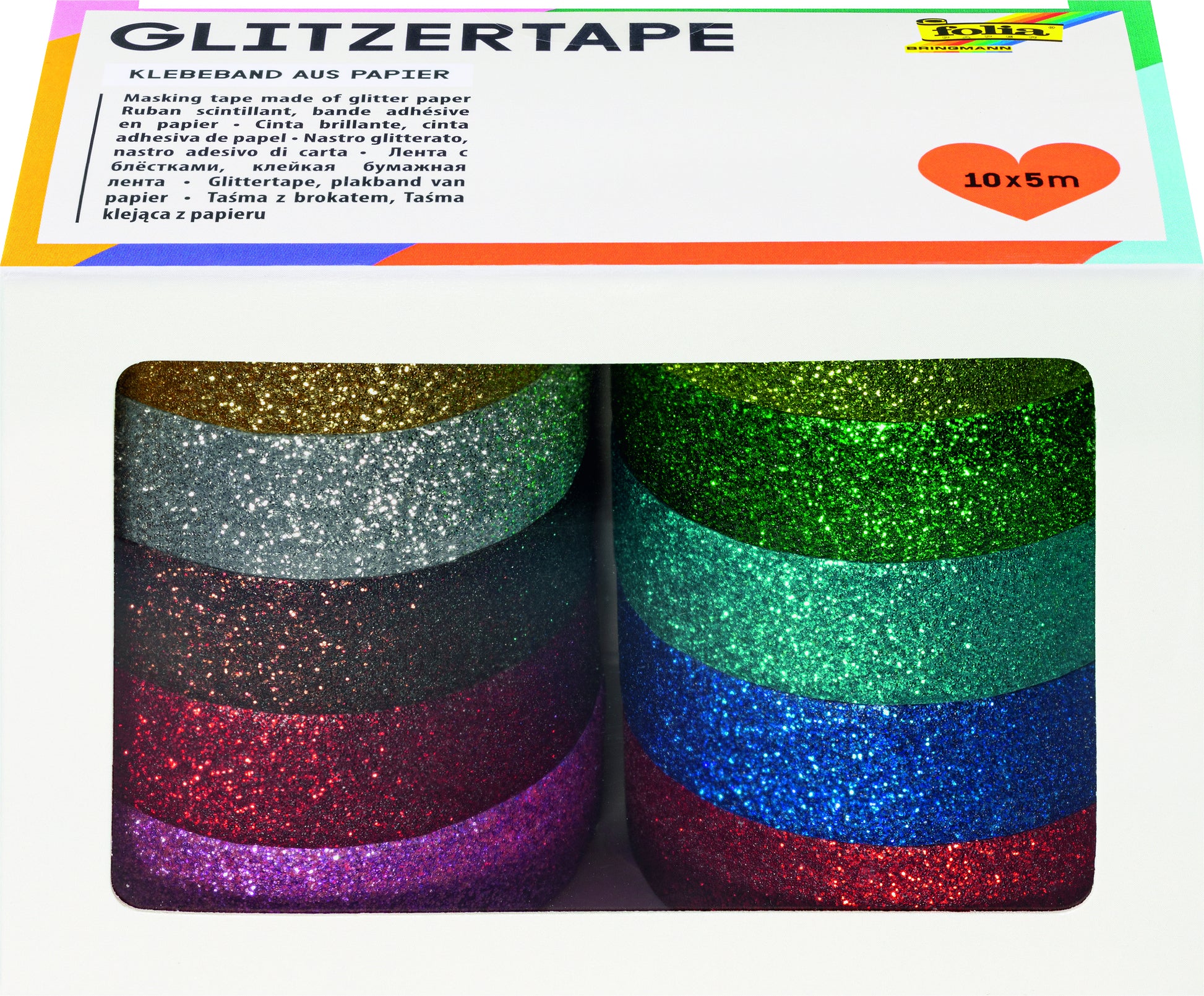 Folia Glitter Plakband 5mx15mm, set van 10 kleuren