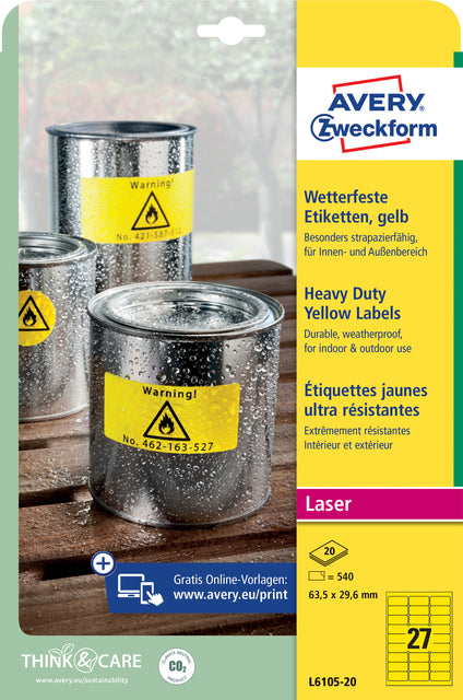 Avery L6105-20 Weerbestendige Polyester Etiketten 63,5x29,6mm, 540 Stuks