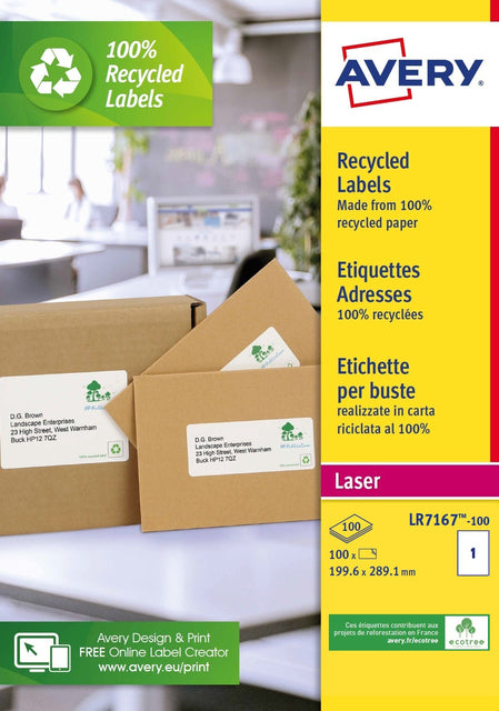 Avery LR7167 Recycle Etiketten 199.6x289.1mm, 100 Stuks