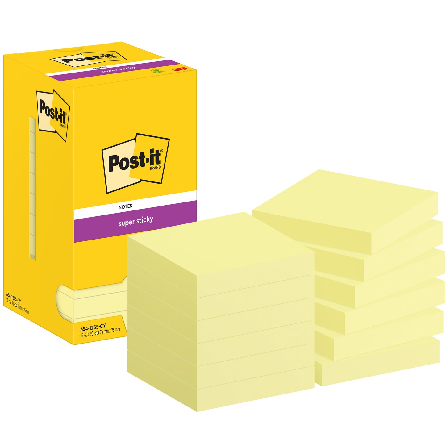 Memoblok Post-it 654 Super Sticky 76x76mm Geel