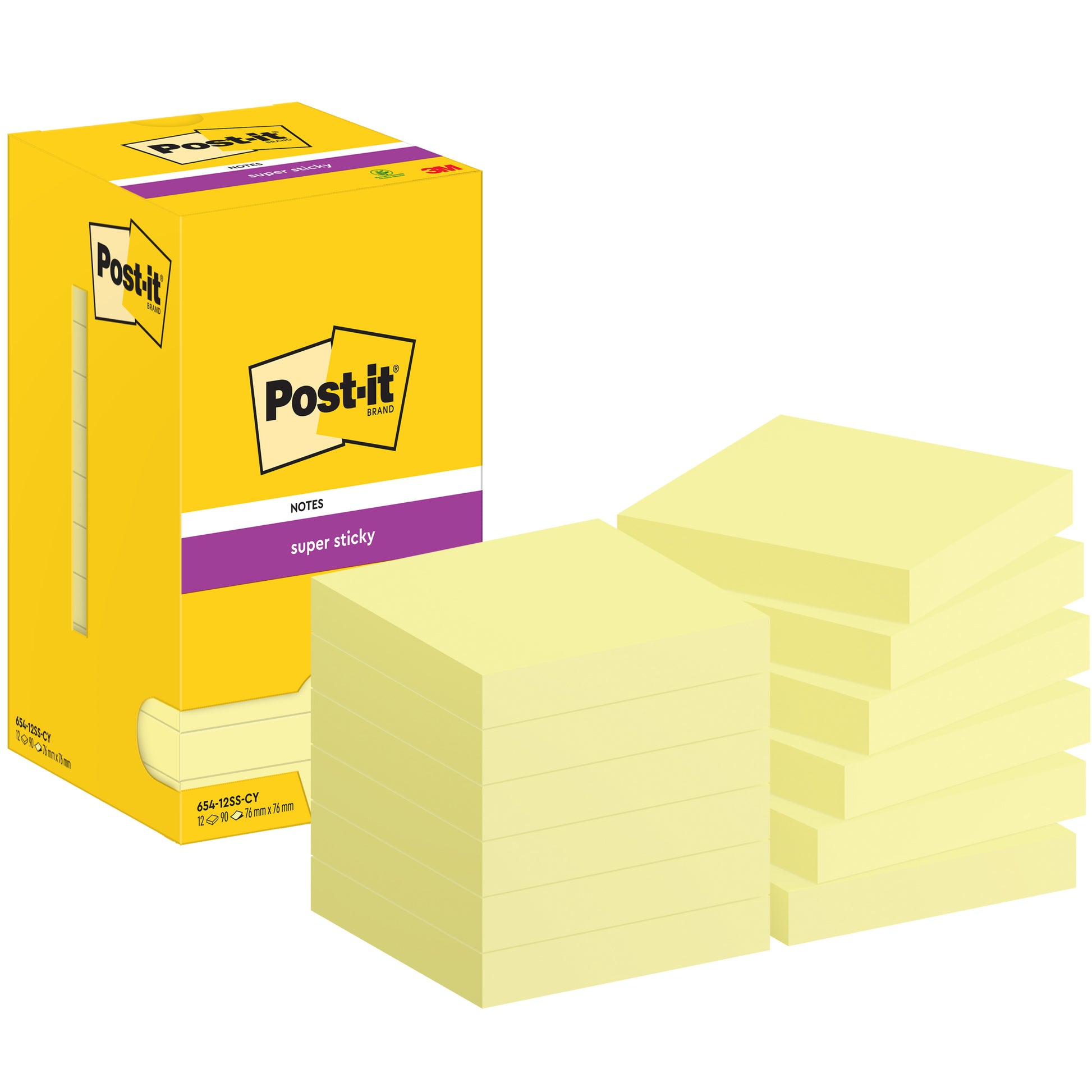 Memoblok Post-it 654 Super Sticky 76x76mm Geel
