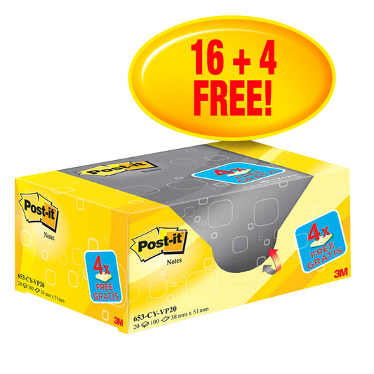 Memoblok Post-it 653 38x51mm Geel + Gratis