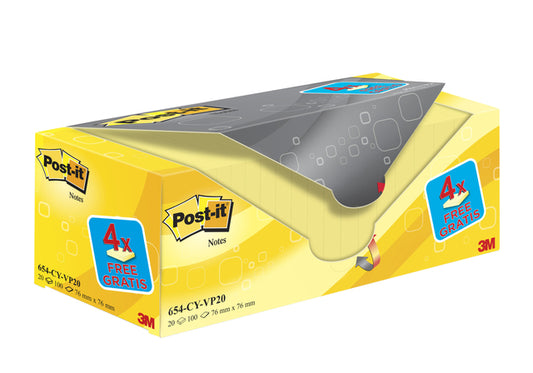 Memoblok Post-it 654 76x76mm Geel 16+4 Gratis
