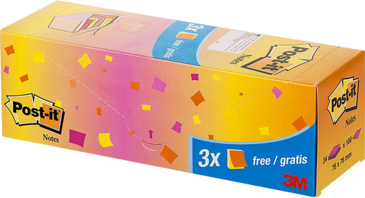 Memoblok Post-it® Neon Assortiment 76x76mm, felgekleurde notes