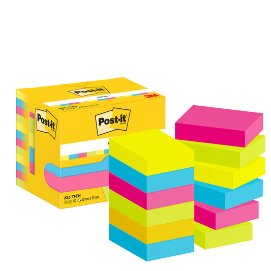 Memoblok Post-it® Neon Assortiment 38x51mm, felgekleurde notes
