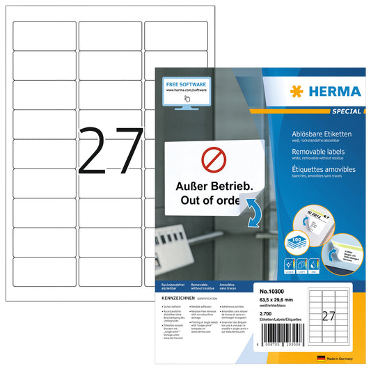 HERMA 10300 Zelfklevende etiketten 63,5x29,6mm, verwijderbaar, 2700 stuks